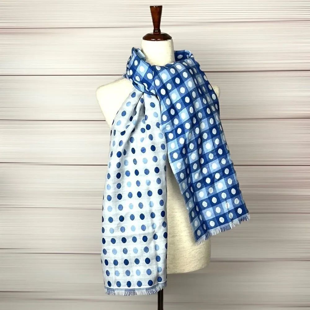 NWT TALBOTS Wool Blend Blue White Polka Dot Check Fringe Trim Wrap Scarf